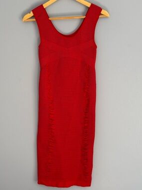 AURA Red Sleeveless Bodycon Dress Midi Ruched Ribbed Size L/XL Sculpting Cherry